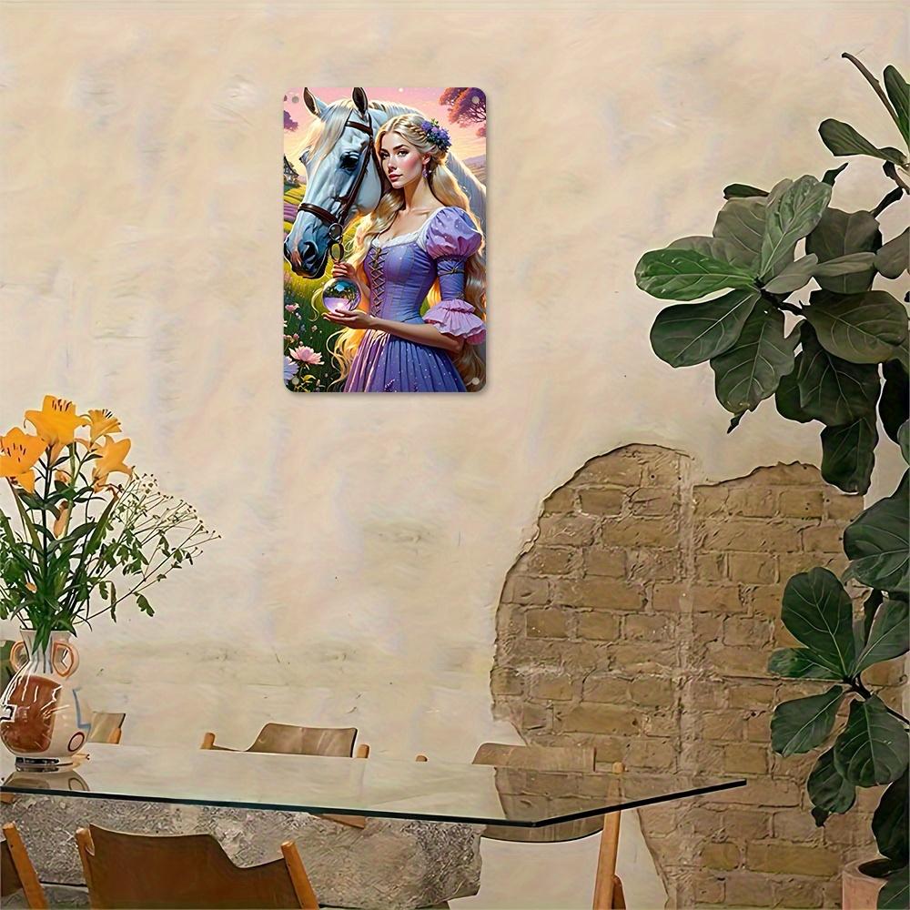 1pc Enchanted Forest Scene Metal Tin Sign 8x12 Inch - Vintage Wall Art with Princess, White Horse & Magical Orb, Perfect for Hom