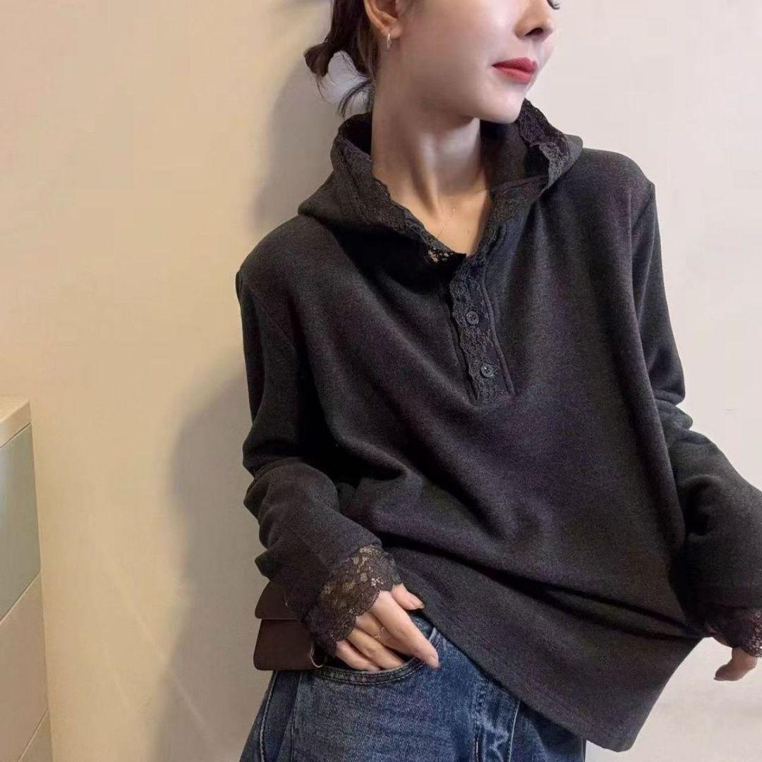 

Plus Size Thermal Fleece Lace Hooded Long Sleeve T-Shirt for Women - Slimming Patchwork Top L [Recommended 101-120 lbs] серый