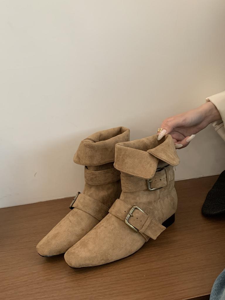 Cowhide Version~ Retro French Thick Heel Short Boots Women's Boots 2025 New Korean Version Medium Tube Boots Small Square Head Western Boots