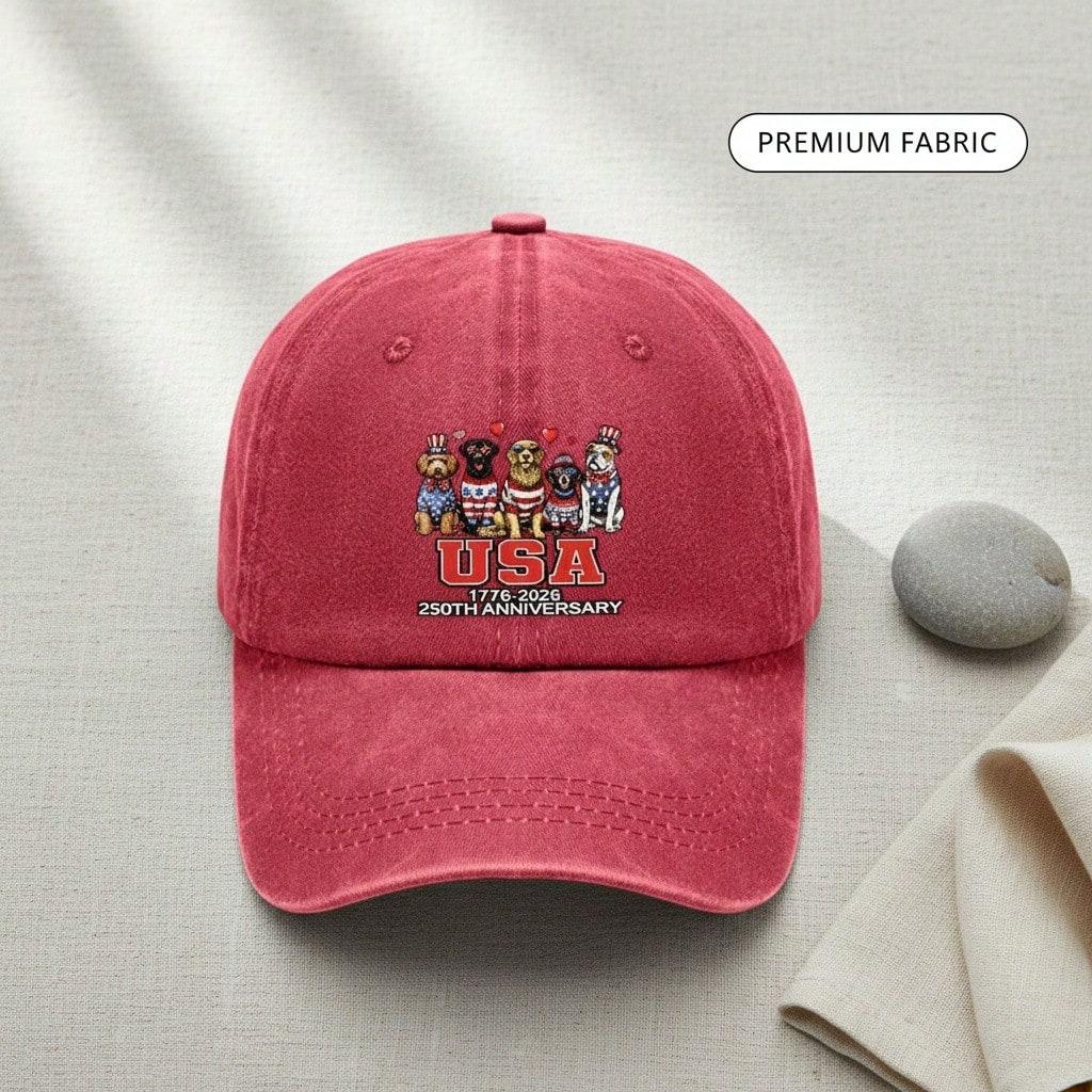 [USA Dog Print Baseball Cap] Vintage Washed Adjustable Hat Unisex Breathable Soft Polyester Casual Outdoor Sports For 250Th Anniversary Celebration