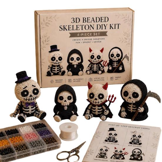 Beaded Skeleton DIY Kit, Tiny 3D Beaded Skeleton Craft Set with Colorful Beads Wire Needle And Instructions, Cute Skeleton Bead Art Kit for Beginners