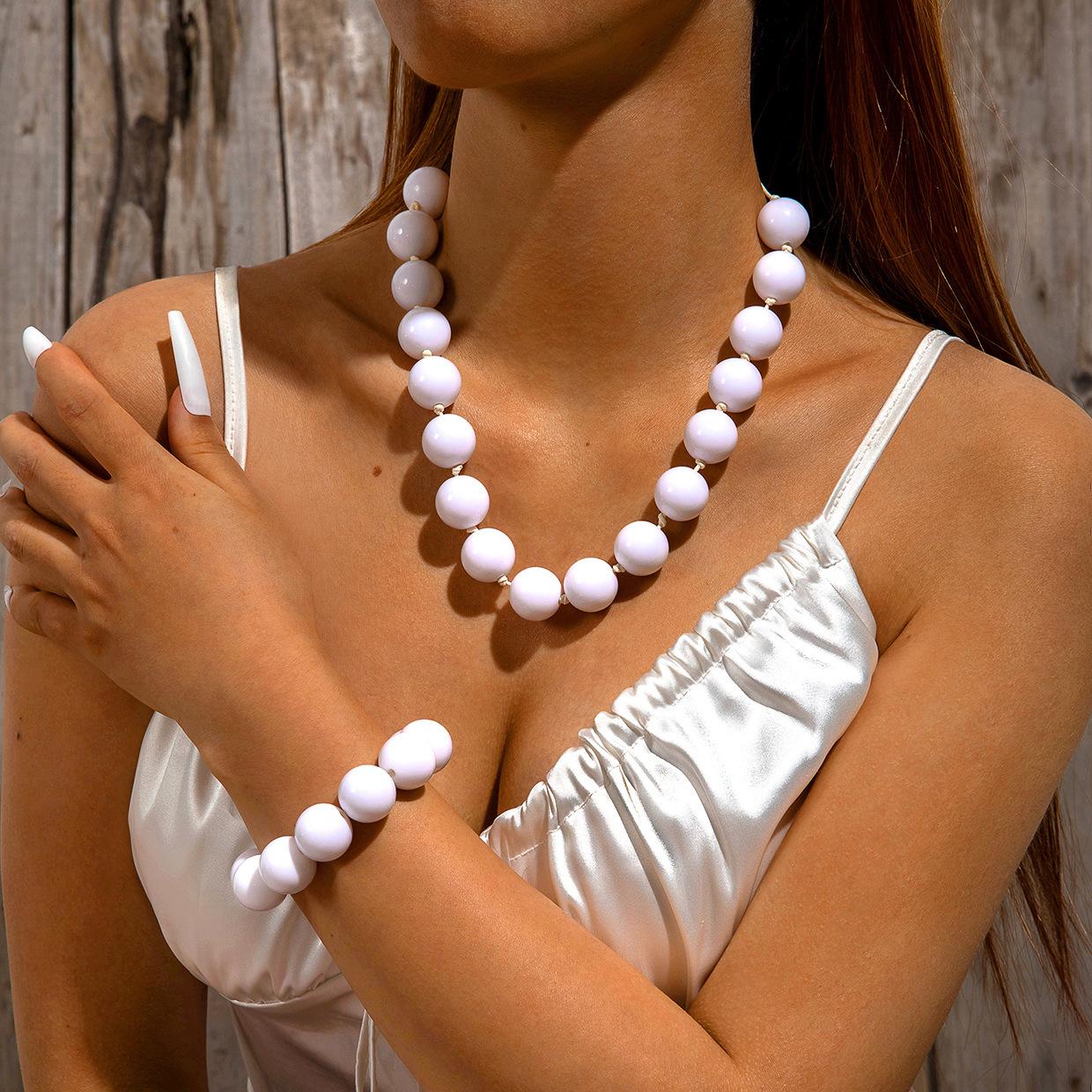 Ribbon Rose Clavicle Chain Acrylic Color Beaded Bracelet Earrings Jewelry Set Women