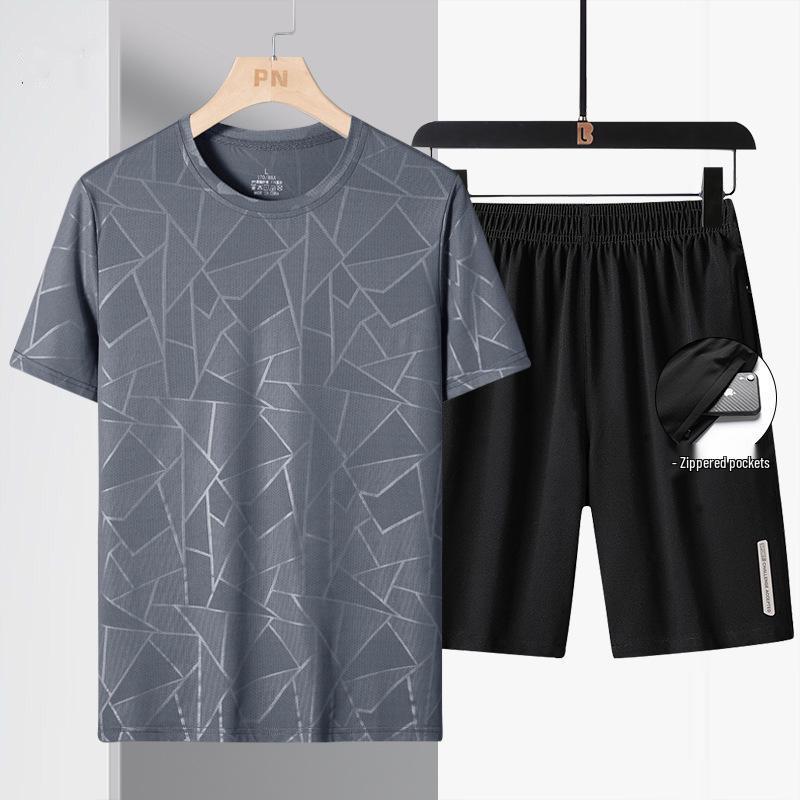 2024 Men's Ice Silk Summer Set: Short-Sleeve T-Shirt, Dad Style, Three-Piece for Middle-Aged and Elderly