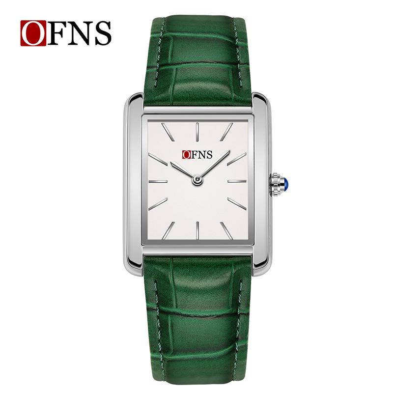 OFNS Women's Waterproof Stainless Steel and Leather Strap Square Fashion Quartz Watch