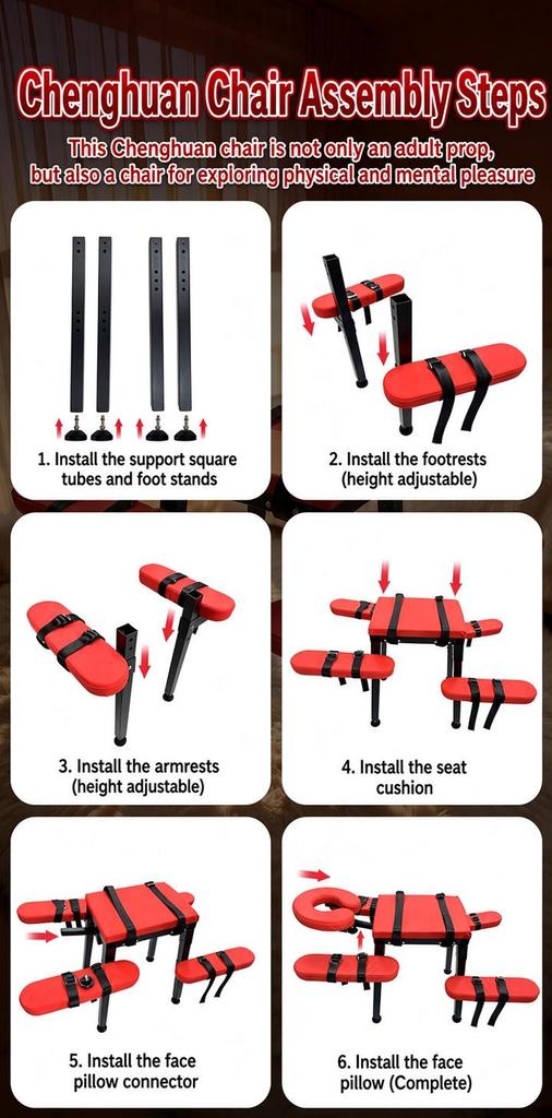 Premium Pleasure Chair Multi-Position Bondage Bench Red Foam Cushion Black Metal Frame Adjustable Headrest Knee Pads Straps BDSM for Couples