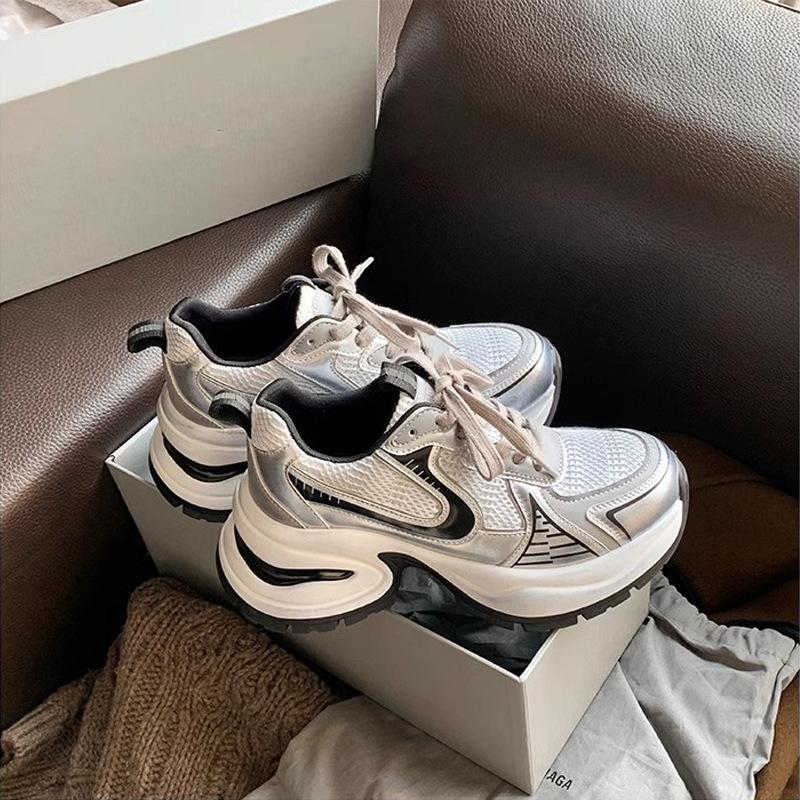 Autumn new heightened platform dad shoes 2025 summer new silver and white breathable mesh casual sports shoes women