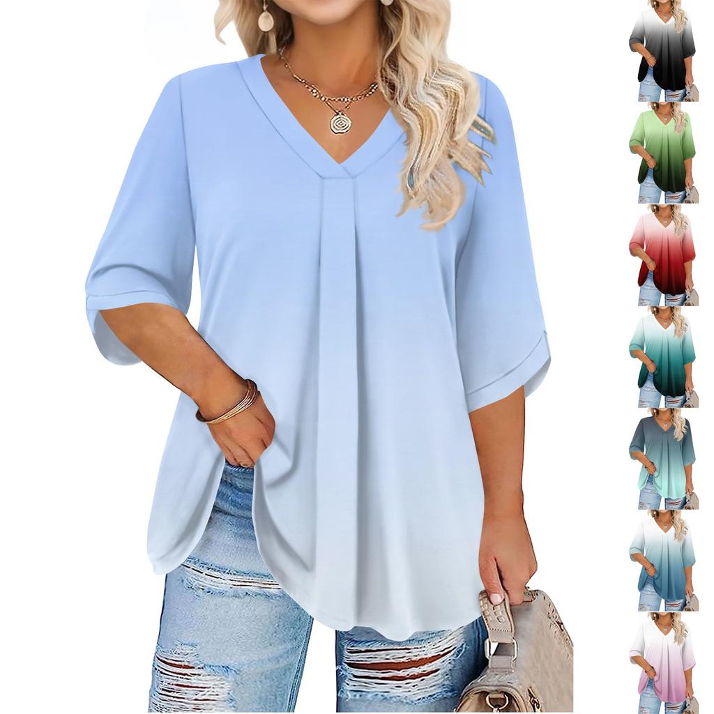 Women's Fashion Large Size Printed V-Neck Three-quarter Sleeve Top