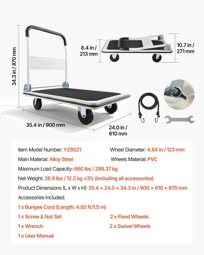 Foldable Push Cart Dolly, 299.37 Kg Capacity, Folding Platform Truck with Swivel Wheels, Moving Platform Hand Truck Flatbed Cart, Space Saving Push