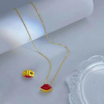 Colar Pingente Lábio Vermelho Estilo Japonês - Corrente de Latão Banhada a Ouro para Meninas Energéticas