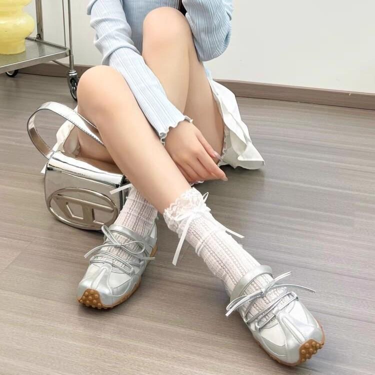 Soft Leather Version Silver Training Shoes 5cm Thick Sole Heightening Bow Single Shoes 2025 New Light Mouth Ballet Shoes Women