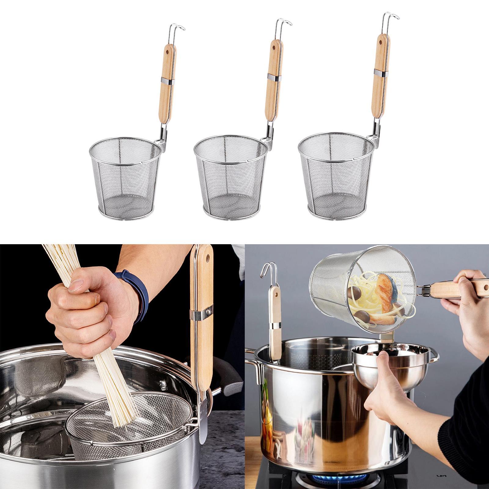 

Stainless Steel Pasta Strainer,Kitchen Mesh Strainer with Wood Handle,Frying Food Basket for Cooking Noodles Kitchen Barbecue Upper diameter 12cm