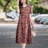 Women's Vintage Floral Print Linen Midi Short Sleeve V-neck Tiered Loose Casual Summer Dress