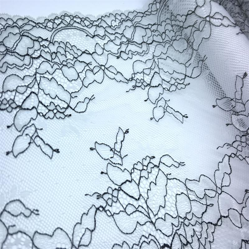 23cm wide Elastic Lace, Black Corded Spandex Sewing Mesh Lace Fabric for Lingerie, Bra, Underwear, Dress, Garment & Crafting