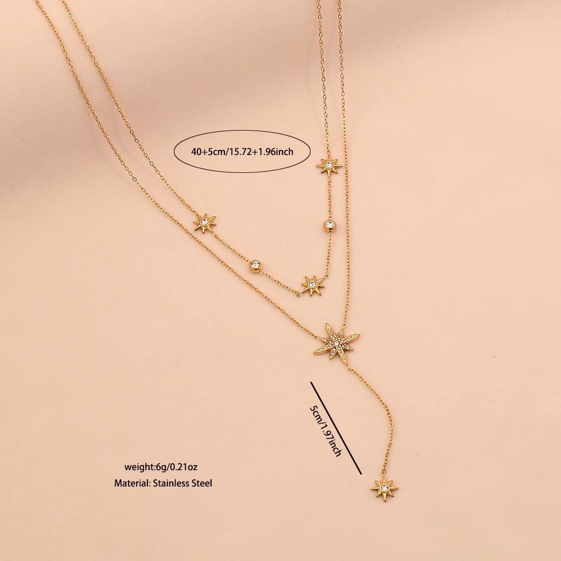 Long Y-shaped stainless steel necklace with eight-pointed star pendant, elegant clavicle chain jewelry