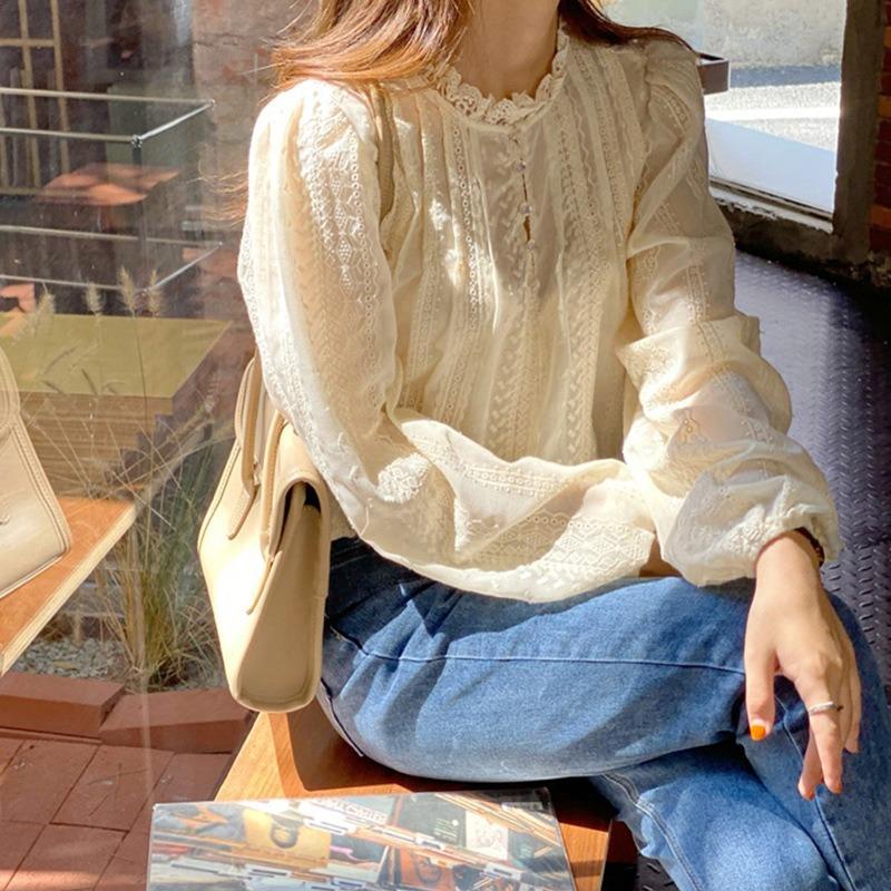 Elegant Embroidery Lace Women Blouse Autumn Fashion Vintage Round Neck Slim Long Sleeve Women's Shirt Tops Solid Loose Casual Ladies Blouses 25174
