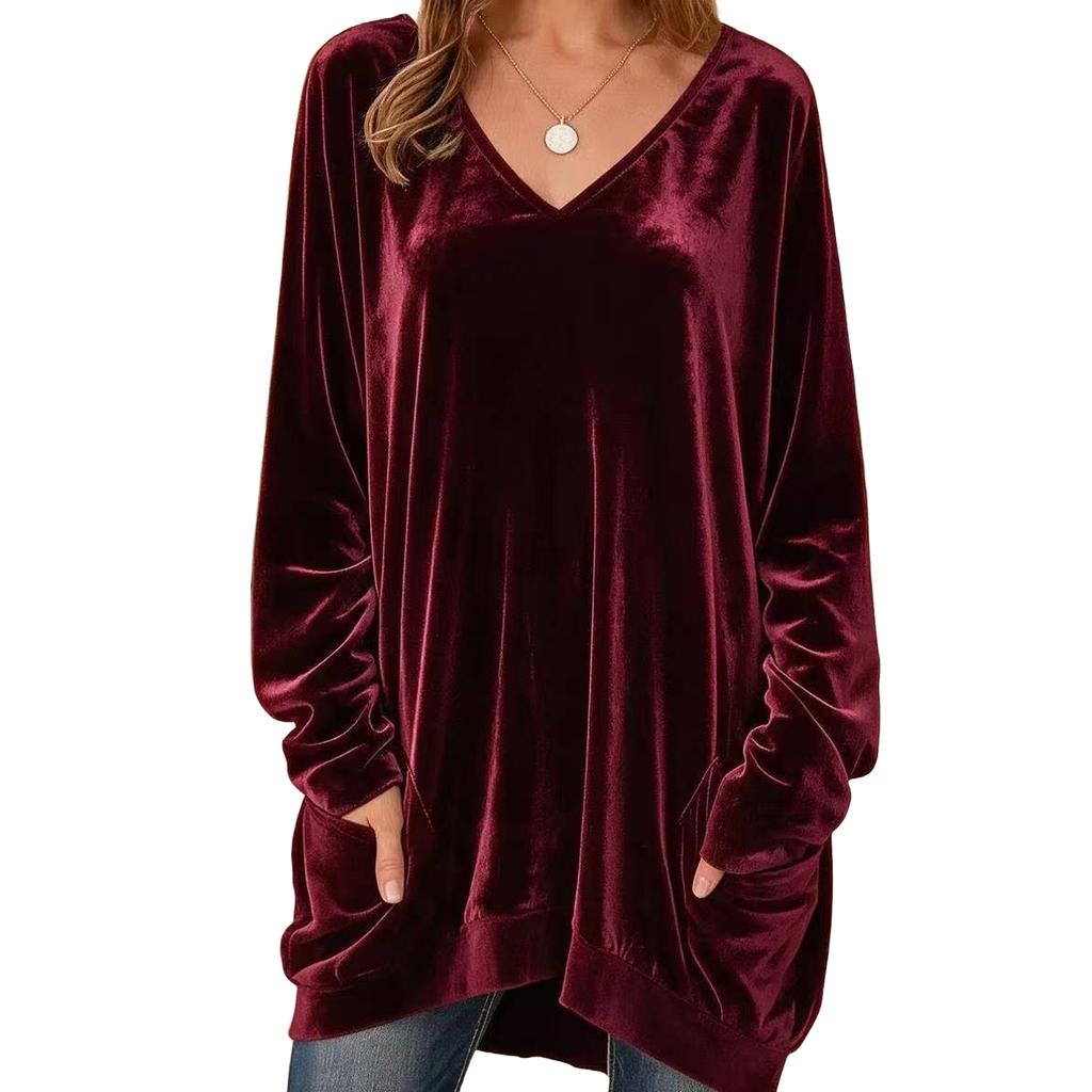 Women's Long Sleeve V Neck Top with Pockets Casual Basic Shirt for Everyday Wear