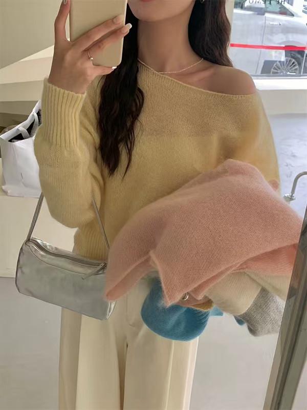 Korean Style One-Shoulder Wool Knit Sweater for Women - Autumn/Winter, Loose Fit, Plus Size, Street Style Base Layer Top