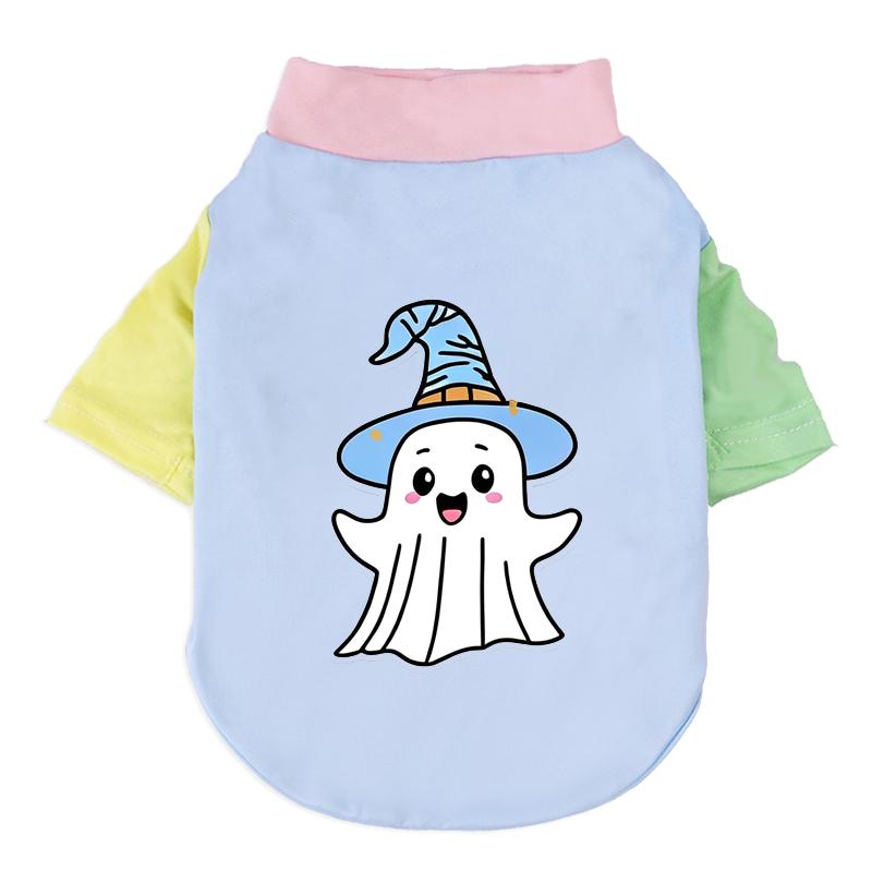 Halloween Cute Ghost Print Pet T‑Shirt Cats & Dogs Soft Cotton Clothes Outfit For Bichon French Bulldog Holiday Party Costume