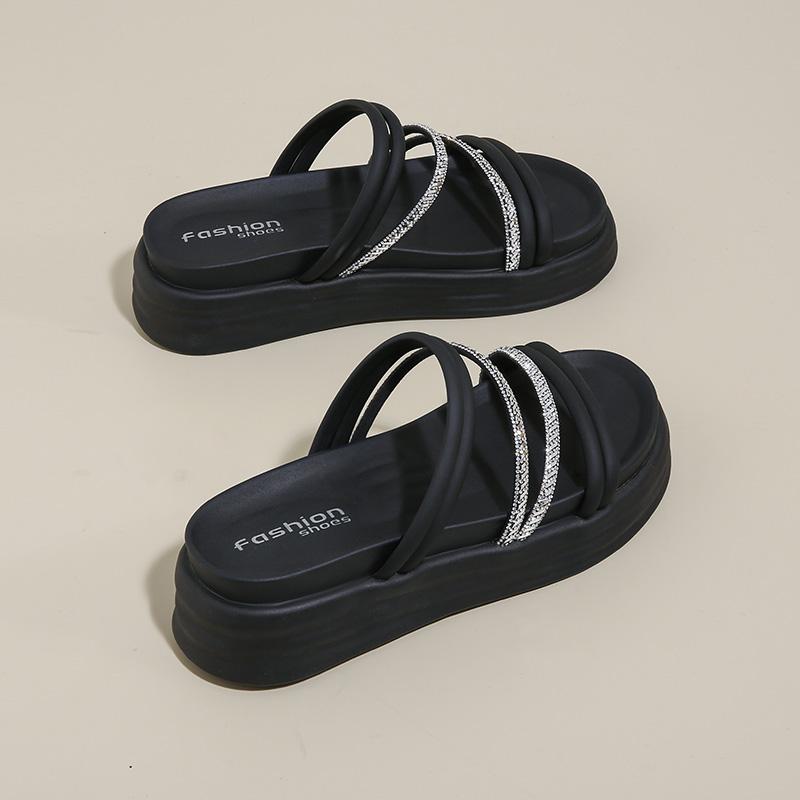 CRLAYDK Sandals for Women Platform Shoes Summer Comfortable Dressy Ladies Strap Rhinestone Slides Leather Beach Casual Slippers
