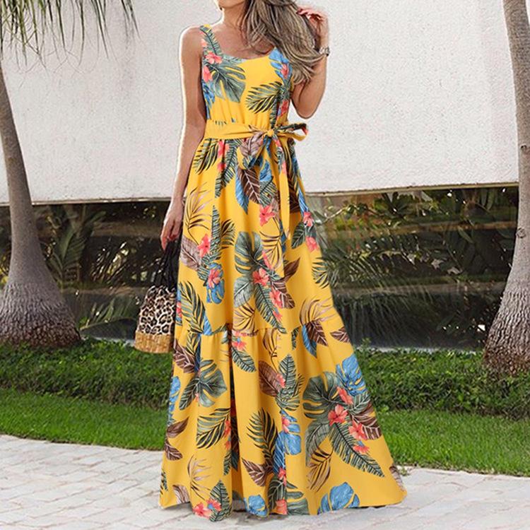 European & American Summer Print Casual Long Dress with Belt 2023