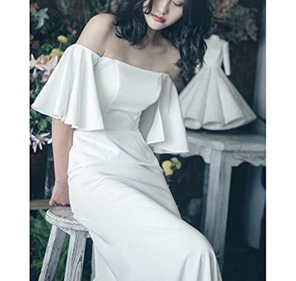 Biała Długa Suknia Ślubna z Rozkloszowanym Dołem Idealna na Śluby i Śluby Zagraniczne [Fiveen] Rękawy Opadające na Ramiona, Śluby, Zdjęcia Przedślubne, (Rozmiar M)