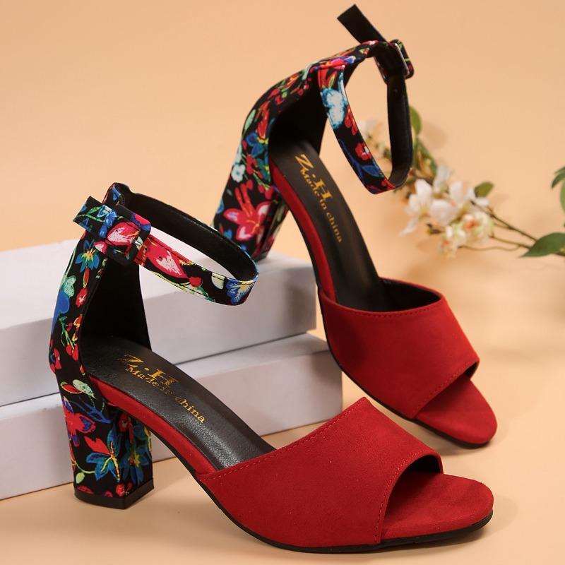 Fashion Summer New Thick Heel Sandals for Women Round Head Open-toe Line with Printed Non-slip Wear-resistant Fish Mouth High Heels