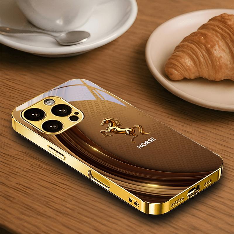 Premium Stallion Art Electroplated Golden Phone Case For iPhone 14 17 16 15 13 12 11 Pro Max Plus 16E 17Air XR 7 8 X Glass Cover