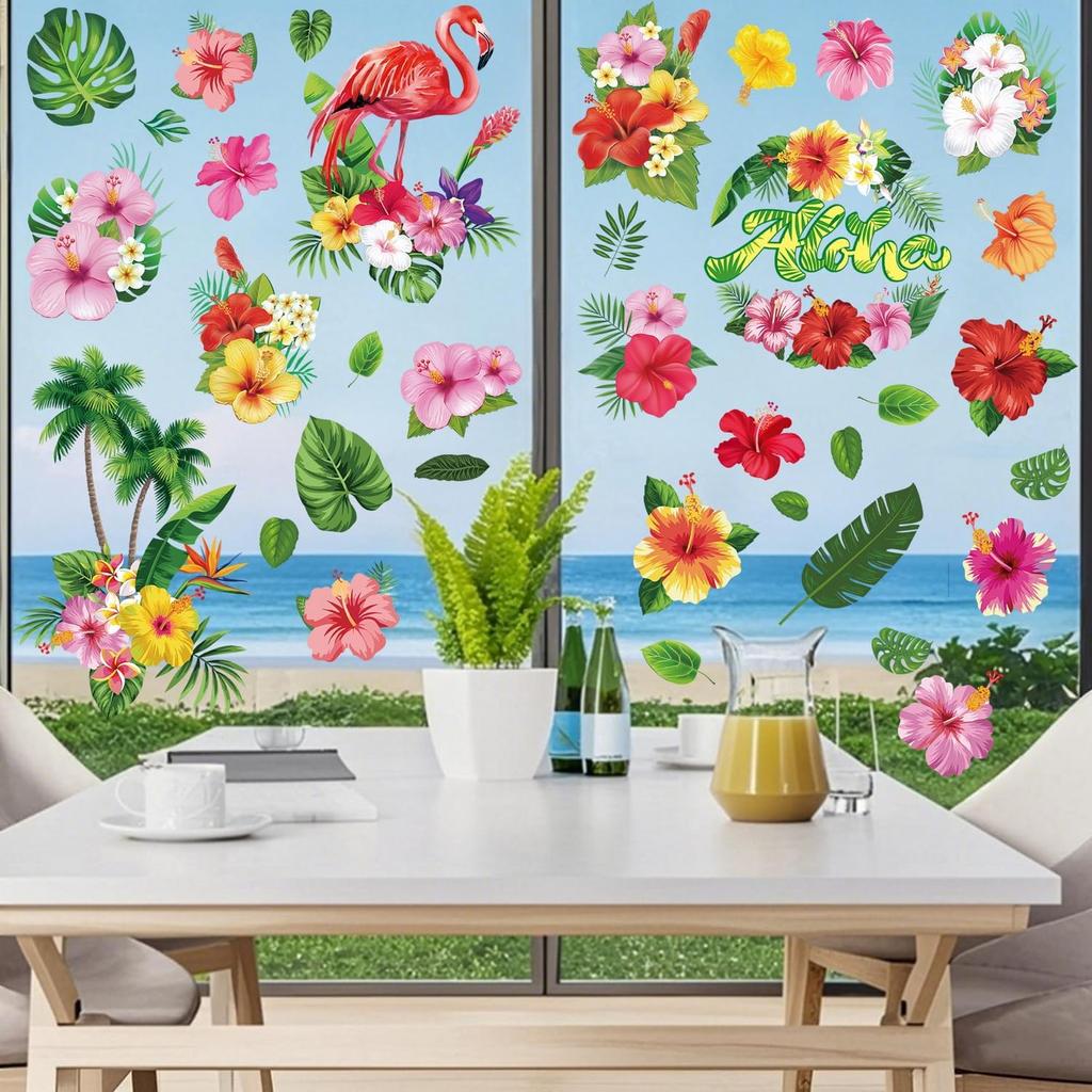 9 Sheets Summer Window Clings Stickers Double-Sided Window Decals Tropical Flamingo Green Plants Coconut Tree Designs Summer Hawaii Colorful Flower