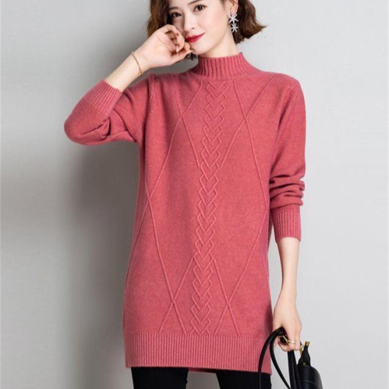 Mid-length Knitwear Women's Half High Neck Sweater Pullover Autumn Winter Warm Solid Knitted Sweater Jumper Female Tops Bottoming Shirt