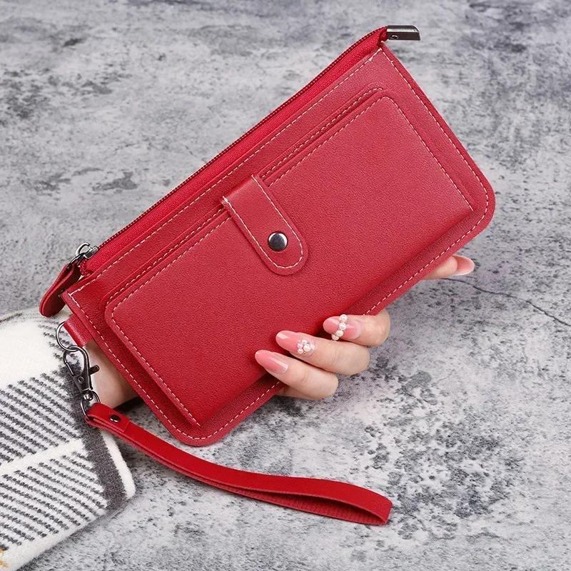 Leather Women Wallets Luxury Long Hasp Fold-over Pattern Coin Purses Female Solid Colors New Thin Clutch Phone Bag