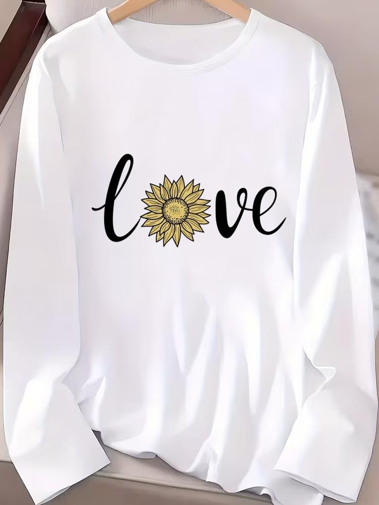 (Asian Size) Women T Shirt Tee Lady Printed watercolor love style Female Clothing Casual Fashion Top Long Sleeve  Graphic T-shirts