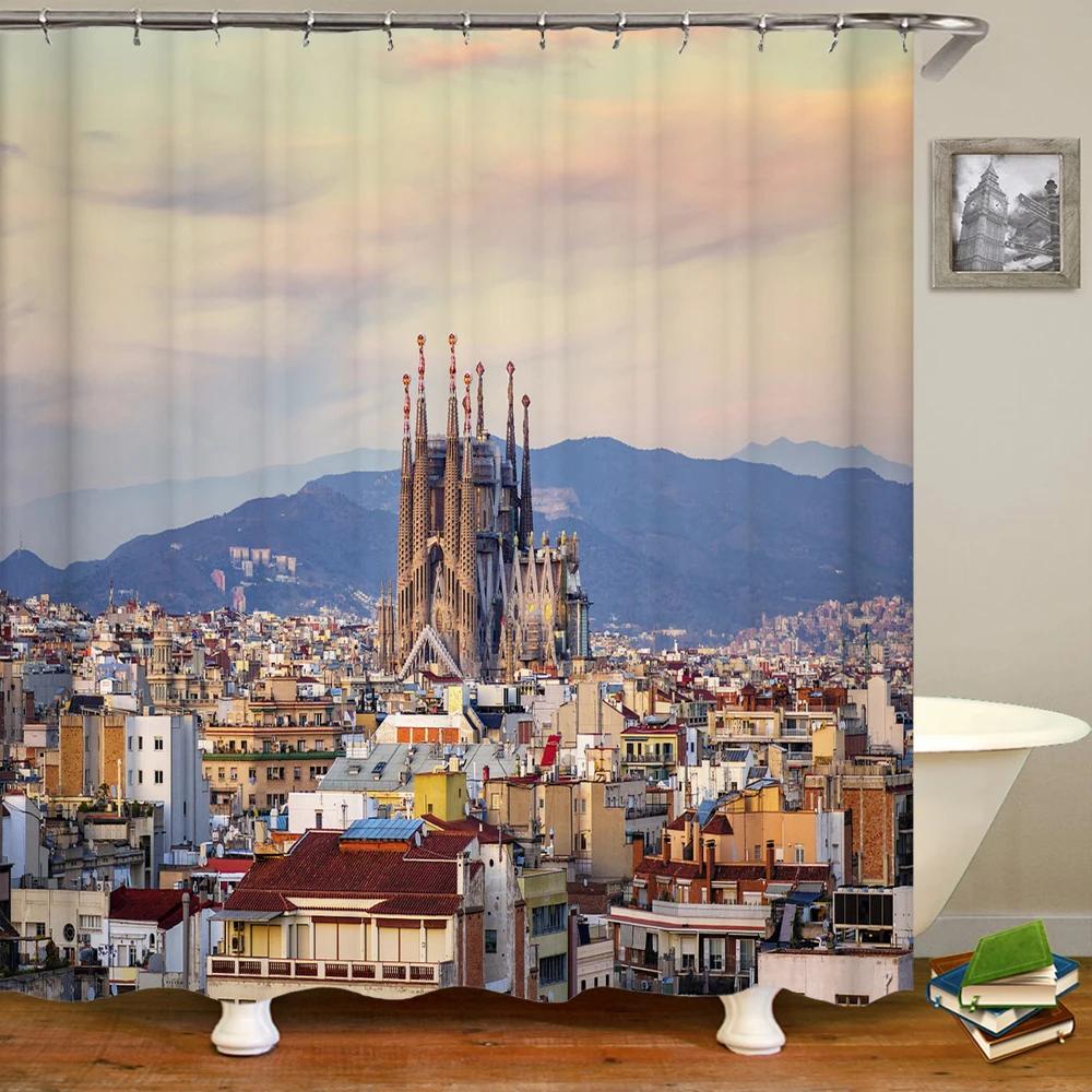Beautiful Natural Scenery City Town Shower Curtains Bathroom Waterproof Polyester Fabric Bath Curtain Landscape Decor Curtains