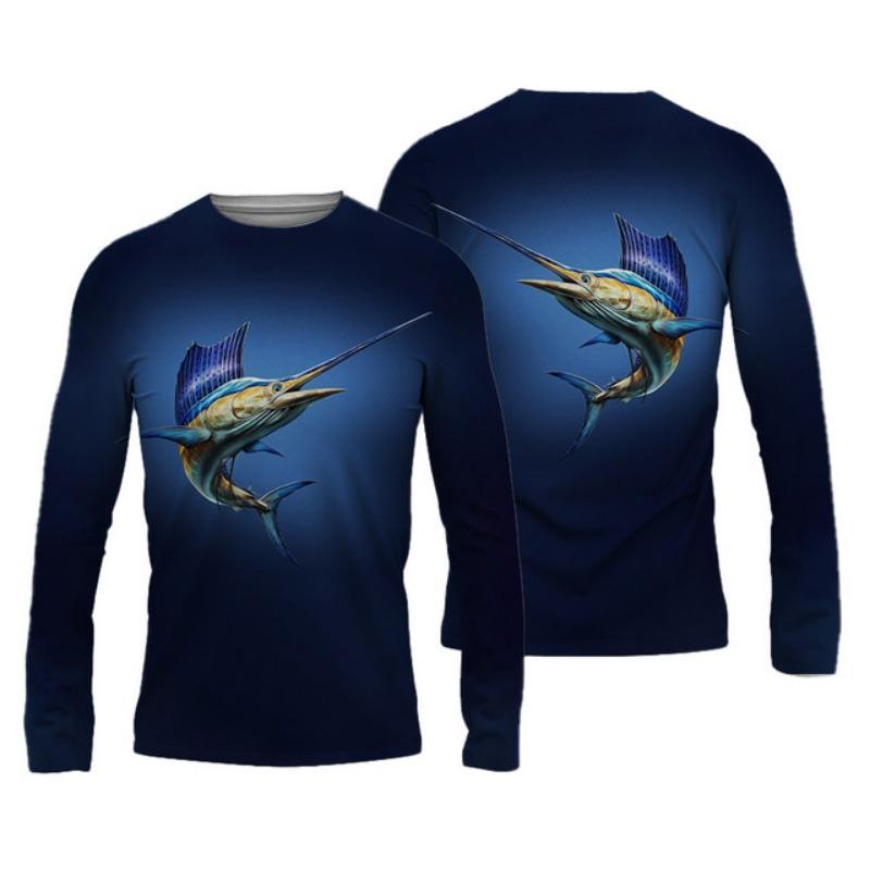 Sommer Herren Angelshirts 3D Pinting Angelbekleidung Atmungsaktives T-Shirt Langarm Outdoor Sport Rundhals Angelshirt 6XL