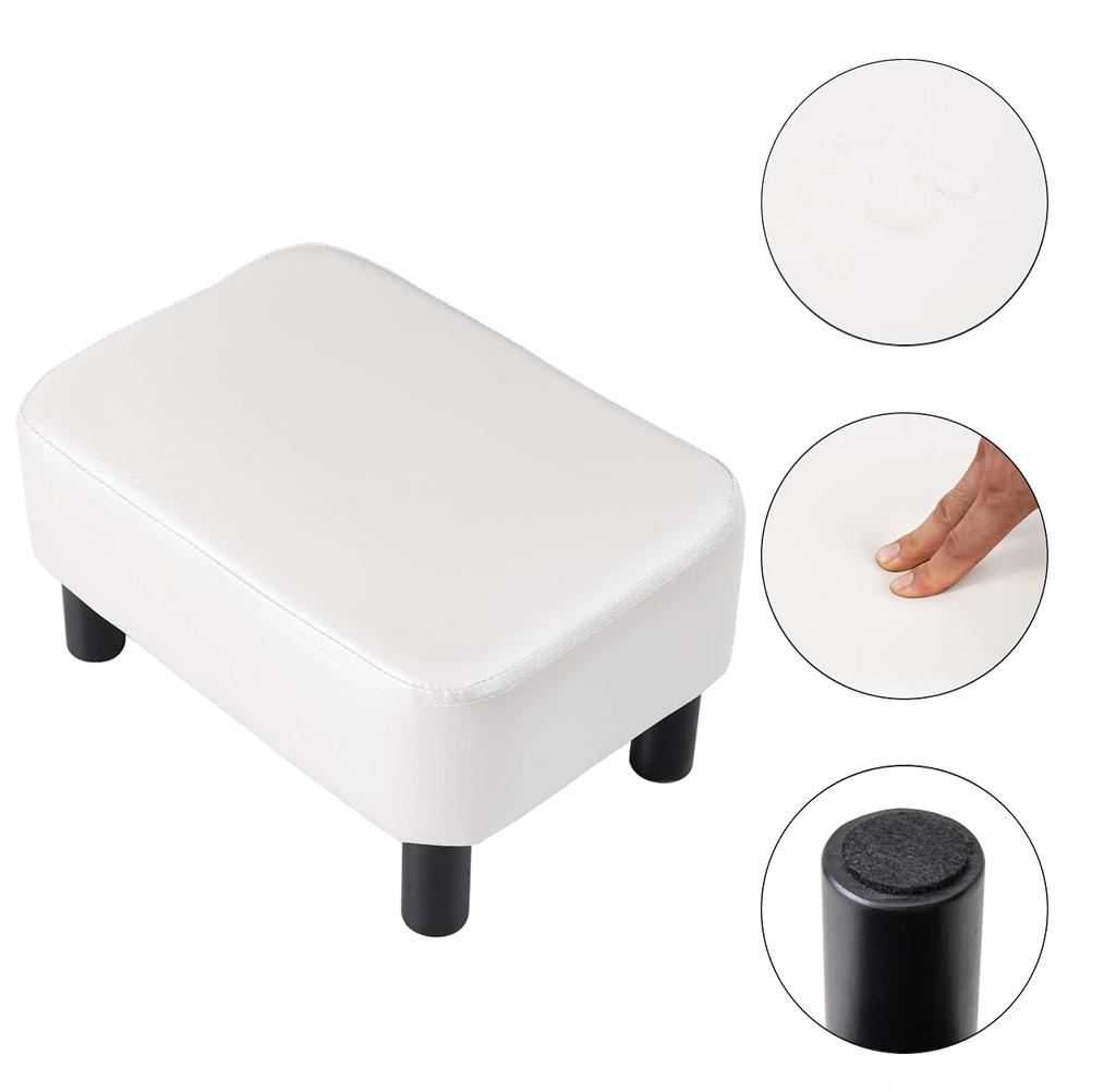 IBUYKE Small PU Leather Ottoman Modern Home Living Room Bedroom Rectangular Stool with Padded Seat and Pine Wood White Footstool, Footrest, Legs,