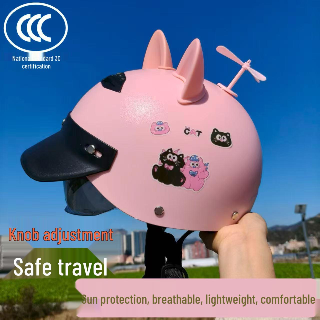 3C Certified Cartoon Helmet: Adjustable Electric Bike Motorcycle Half Helmet for All Seasons - Unisex Design Gray Cat+Sun Visor