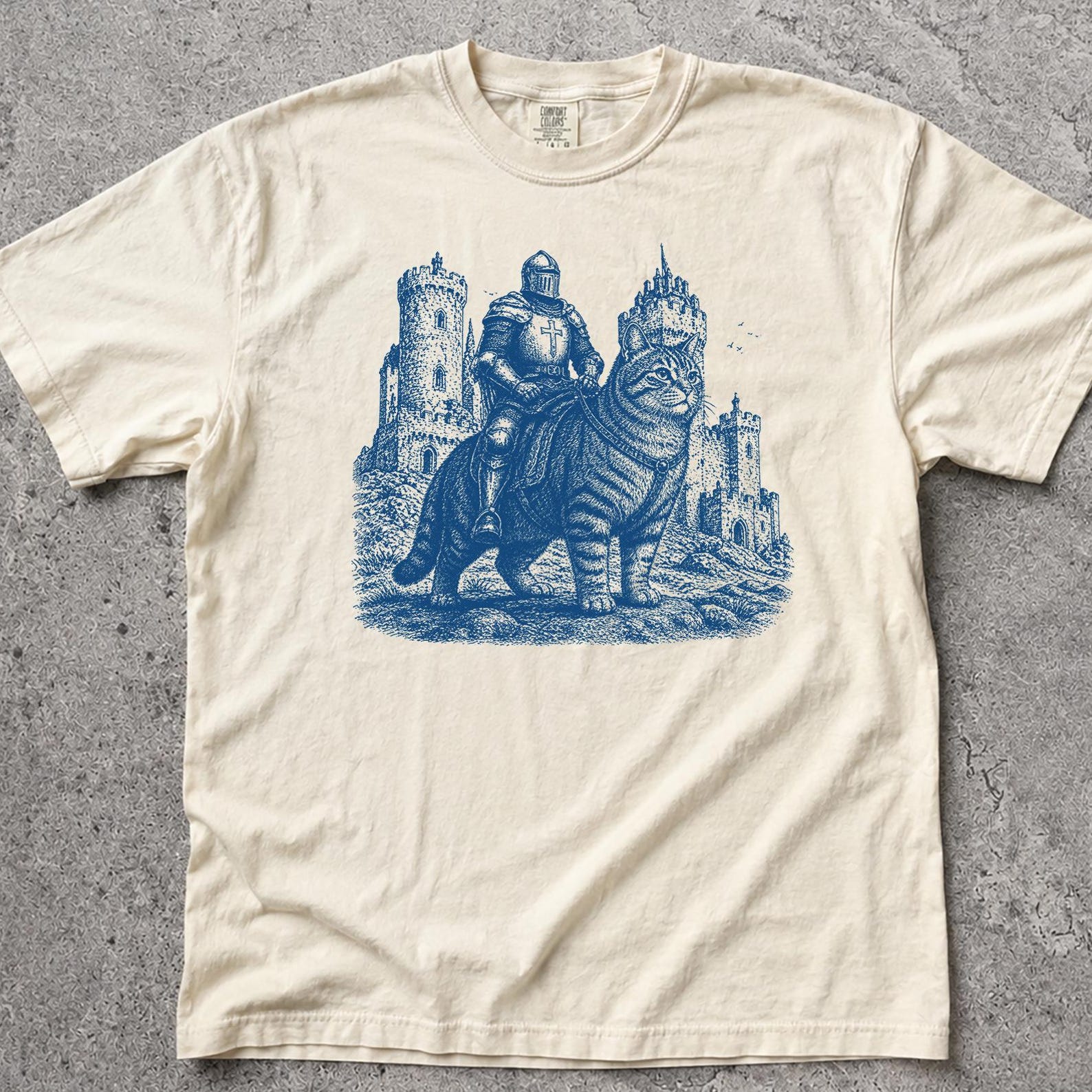 Medieval Cat Knight Shirt, Vintage Fantasy Graphic, Funny Castle Rider Meme Tee L