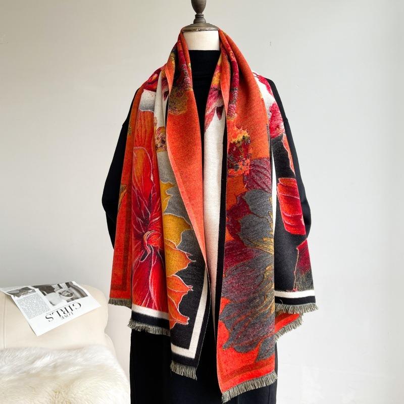Winter new oil painting fashion imitation cashmere scarf female elegant warm shawl with thickened double-sided student scarf