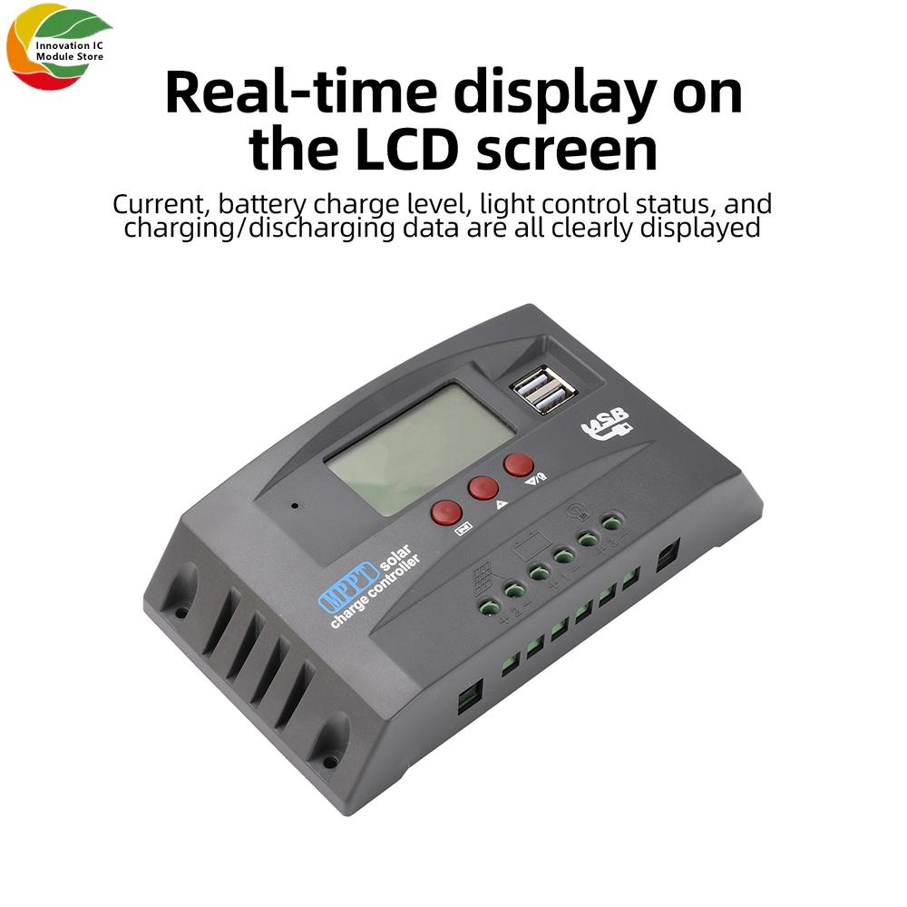 MPPT Solar Charge Controller 12V/24V Auto-Adaptive LCD Display with Dual USB Ports for Solar Panels and Batteries