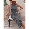 Women Summer Sleeveless Backless Black White Striped Slit High Waist Bodycon Long Dress