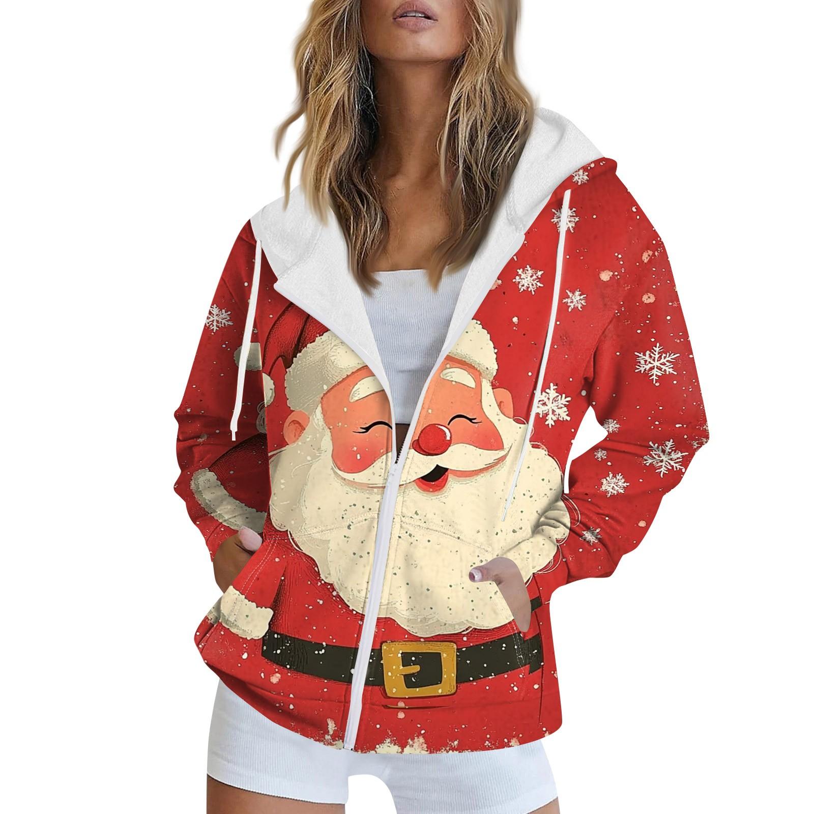 

Женская рождественская печатная толстовка осень-зима с длинным рукавом кардиган куртка с карманами на молнии толстовка с капюшоном верхняя одежда XL