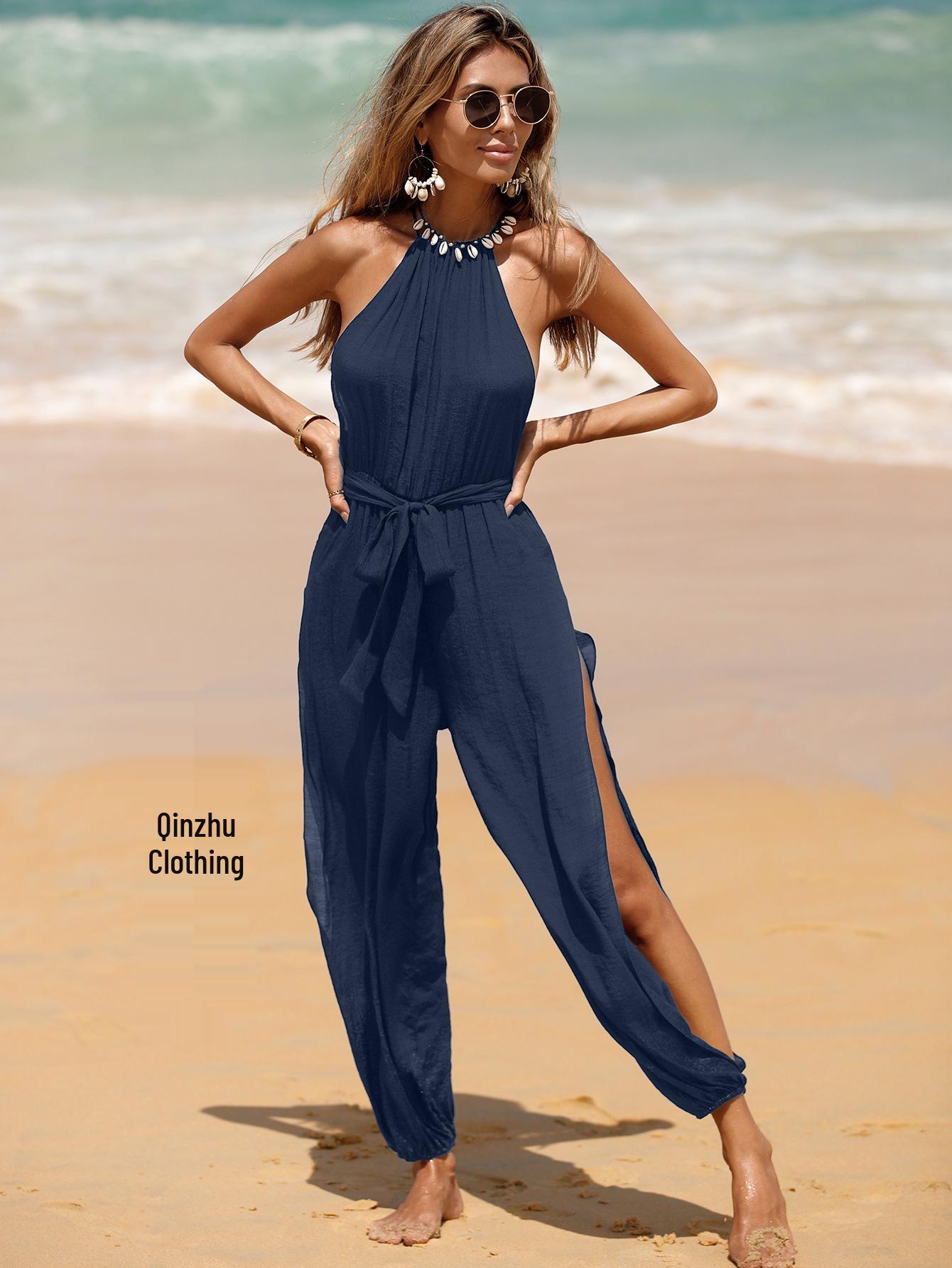 

Жіночий універсальний пляжний покрив без рукавів на зав язках з бічним розрізом - Стрункий однотонний захист від сонця Extra Large темно-синього кольору