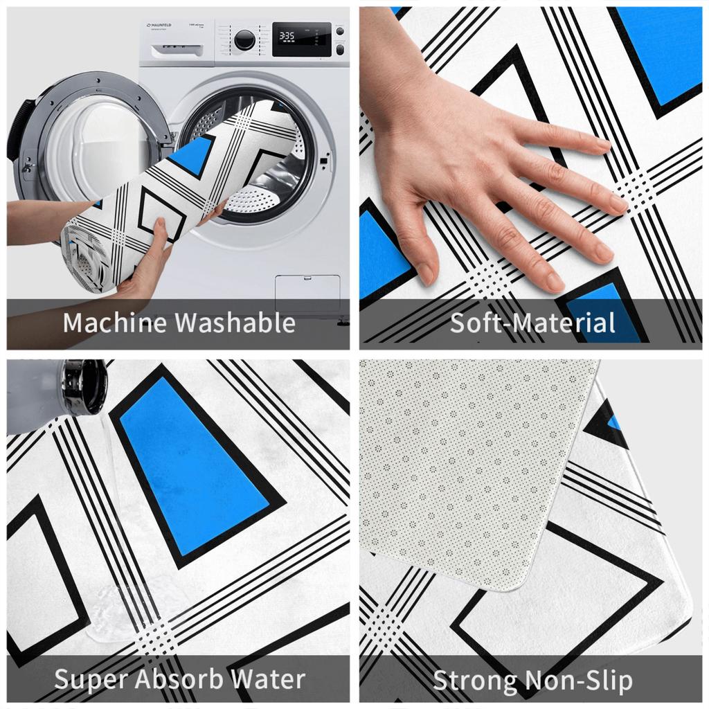 Blue White Black Geometric Print Doormat Printed Polyester Machine Washable Entrance Floor Mat 80x50cm