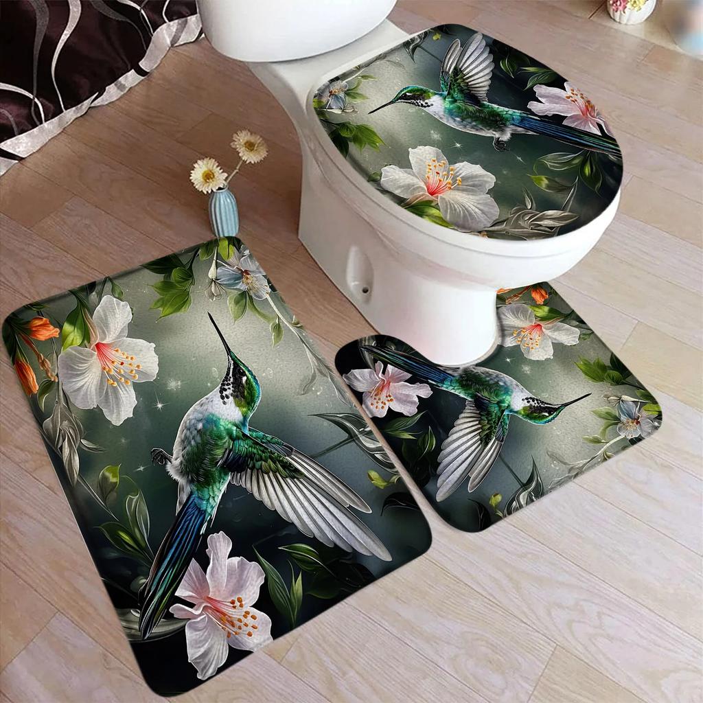 Hummingbird Bath Mat Set White Flowers Green Plants Birds Rustic Home Carpet Bathroom Decor Floor Rugs U-Mats Toilet Lid Cover