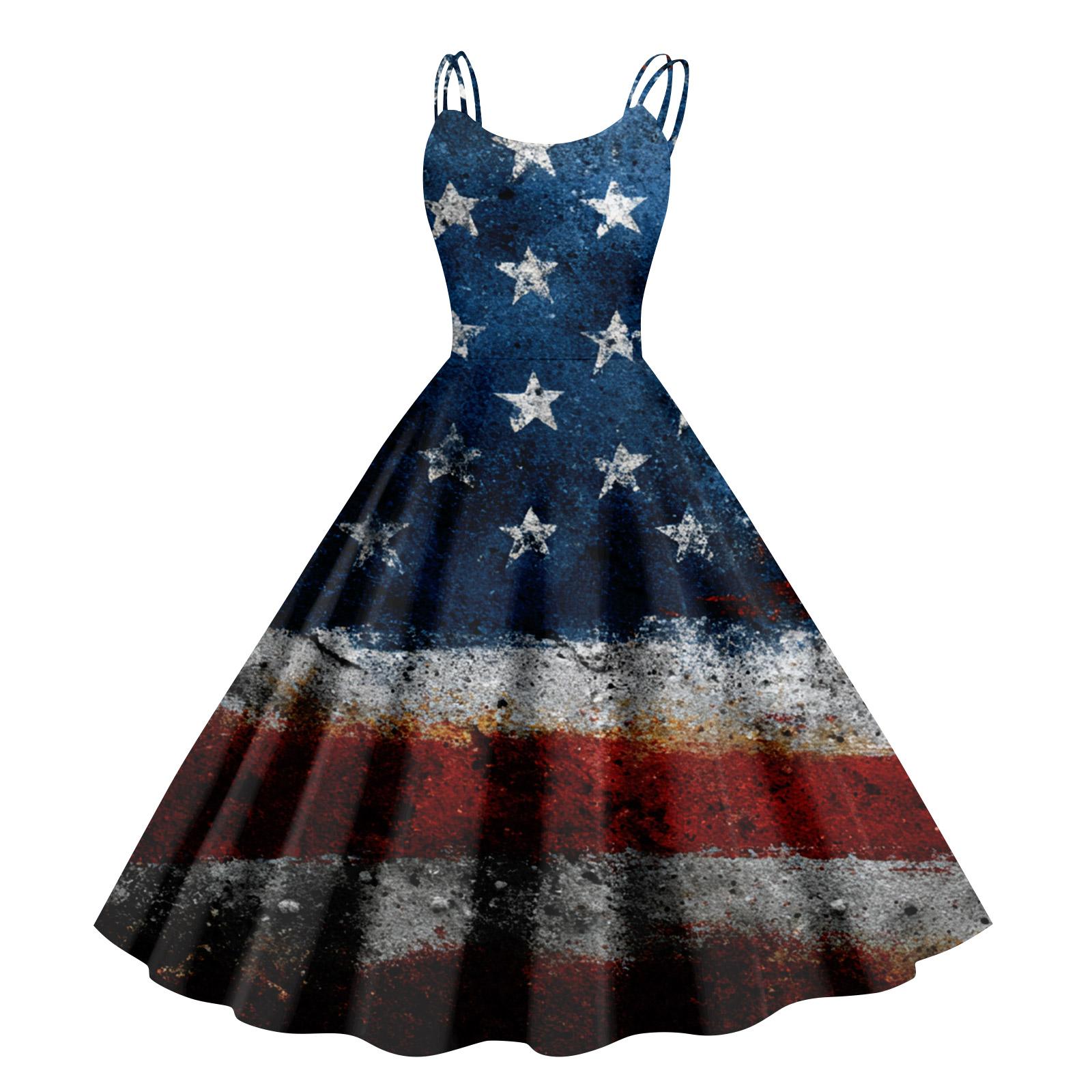 Women’s Sleeveless Off Shoulder Retro Dress with Star Print and Spaghetti Straps for Summer Independence Day M винный