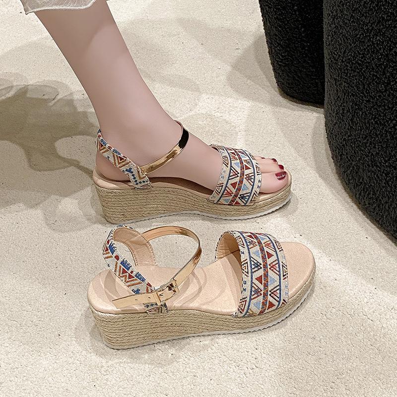 Large size ethnic style new fashion hemp rope woven edge heel sandals women's buckle platform sandals