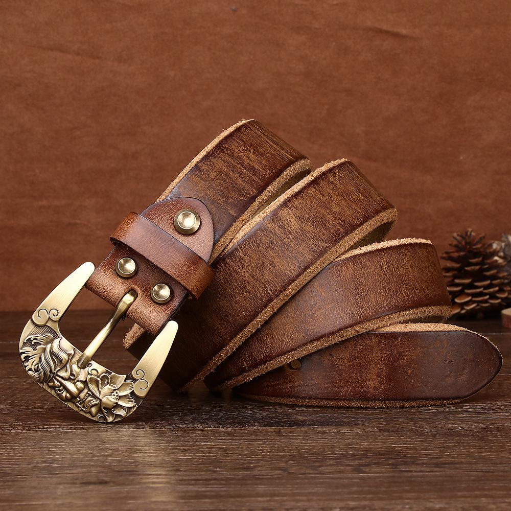 Rare And Super Thick Men'S First-Layer Cowhide Copper Buckle Lazy Belt Casual Guochao Retro Men'S Belt