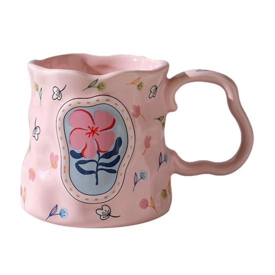 Ceramic Coffee Mug with Ergonomic Handle Irregular Floral Pattern Mug Dishwasher Safe Novelty Cup for Coffee Tea Milk
