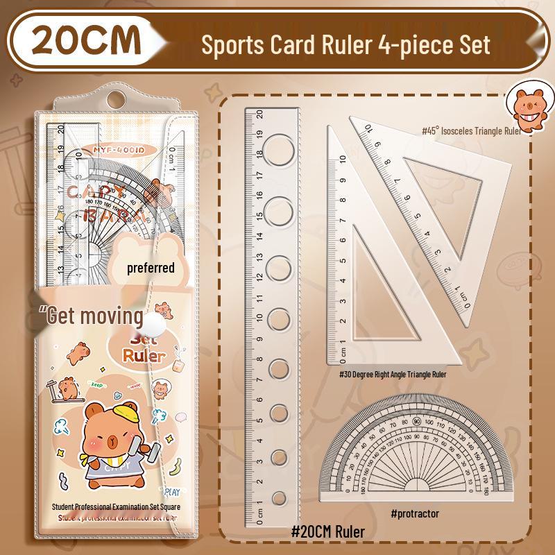 Capybara 4-Piece Student Ruler Set: Includes 20cm Square & Triangle Rulers, High-Quality Stationery for Primary School
