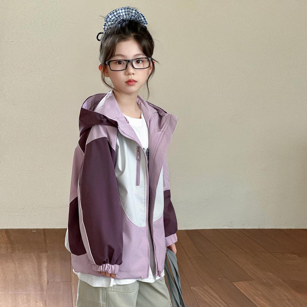 Girls' Color Block Hooded Windbreaker - Spring/Autumn 2025 Casual Sports Jacket for Big Kids