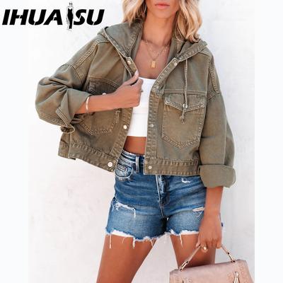 Jeansjacke Eine lockere Kapuzenjacke mit Kordelzug für Damen-Streetfashion im Herbst und Winter